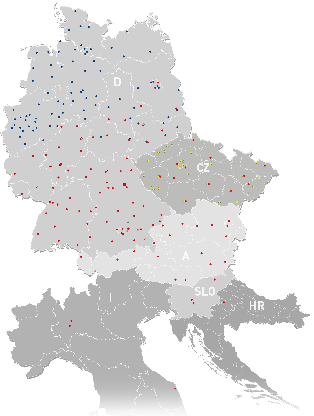 Filiales, adhérents, centres logistiques, centres techniques: Stahlgruber couvre l’Allemagne, l'Autriche et quelques pays Est-européens limitrophes de belle manière..