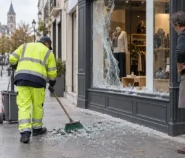 Agent municipal nettoyant devant une boutique endommagée