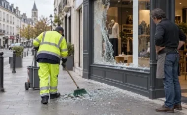 Agent municipal nettoyant devant une boutique endommagée
