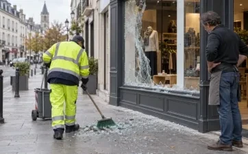 Agent municipal nettoyant devant une boutique endommagée