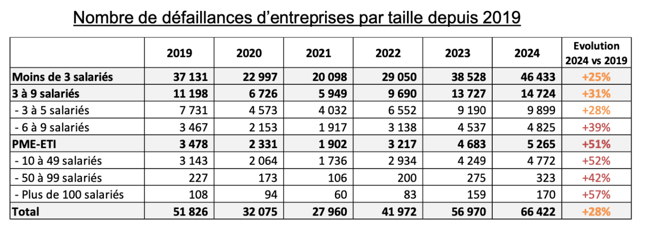 DÉFAILLANCES ENTREPRISES tableu par taille 2024 BPCE