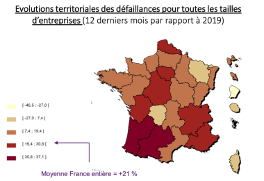 Evolutions territoriales des défaillances pour toutes les tailles d’entreprises BPCE